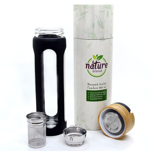 Nature Blend Eco-friendly Γυάλινος Θερμός “bottle to go” Με Μαύρη Θήκη Σιλικόνης 380ml