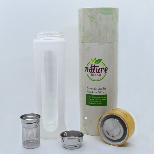 Nature Blend Eco-friendly Γυάλινος Θερμός “bottle to go” Με Άσπρη Θήκη Σιλικόνης 380ml