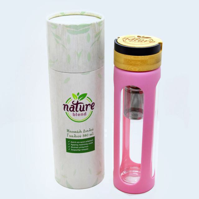 Nature Blend Eco-friendly Γυάλινος Θερμός “bottle to go” Με Ροζ Θήκη Σιλικόνης 380ml