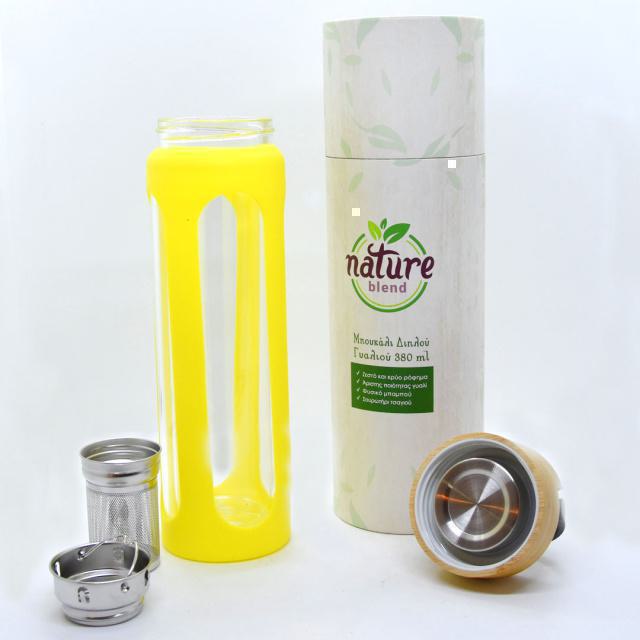 Nature Blend Eco-friendly Γυάλινος Θερμός “bottle to go” Με Κίτρινη Θήκη Σιλικόνης 380ml