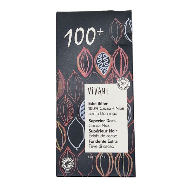 Vivani Μαύρη σοκολάτα 100% Cacao Nibs Vegan 80gr